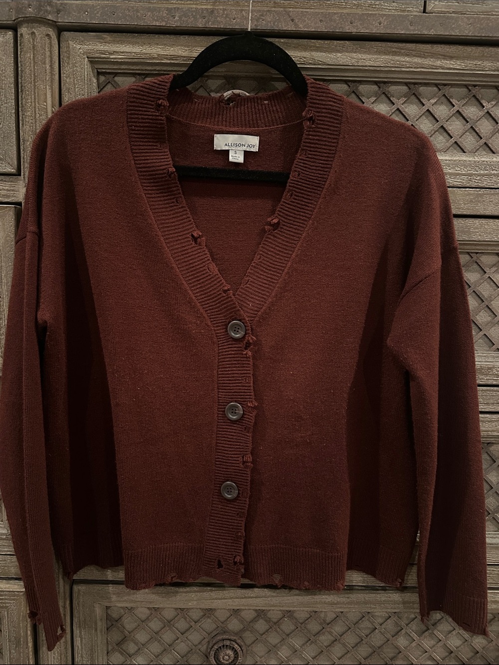 Allison Joy Distressed V-Neck Cardigan - Burgundy